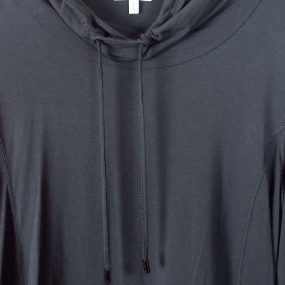 Calvin Klein Black High Low Drawstring Neck Long Sleeve Logo Trim Rayon Top NWOT - Picture 3 of 10